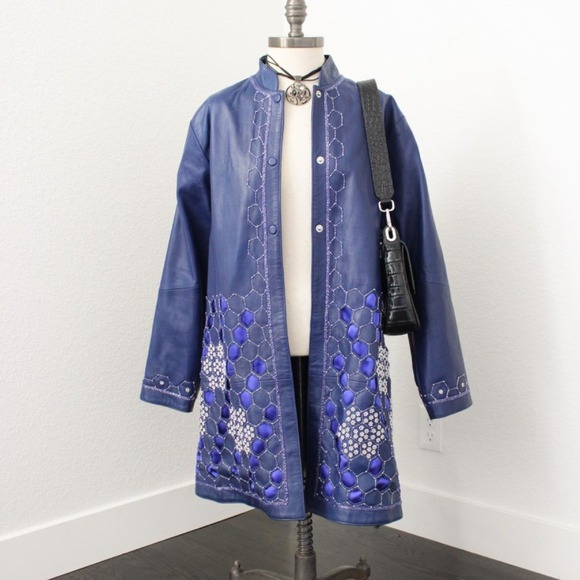 Jackets & Blazers - RARE vintage blue heavily beaded leather trench coat with matching leather skirt